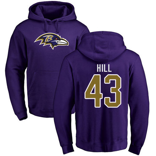 Men Baltimore Ravens Purple Justice Hill Name and Number Logo NFL Football 43 Pullover Hoodie Sweatshirt